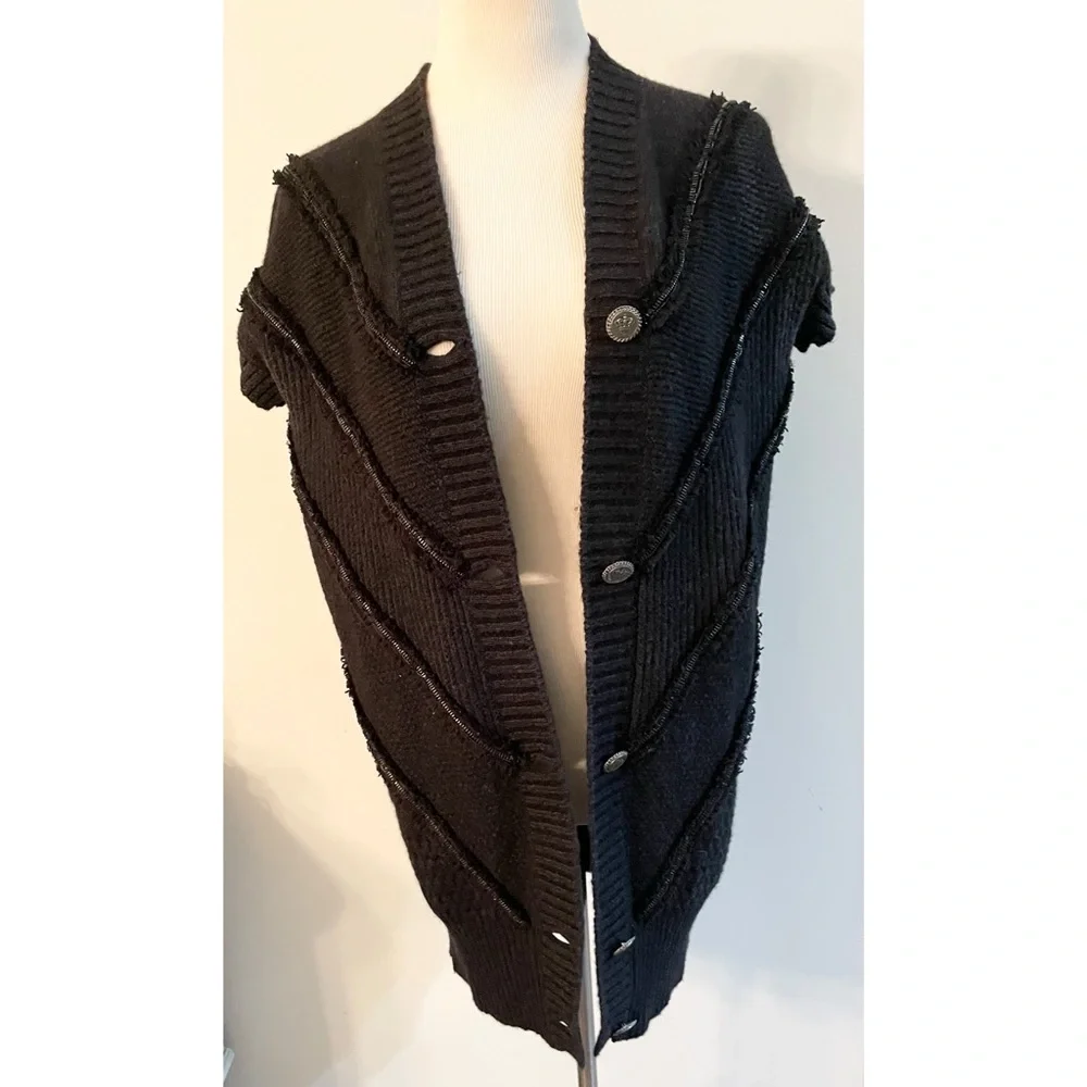 CHANEL Charcoal Grey Signature Button Short Sleeve Cardigan Sweater